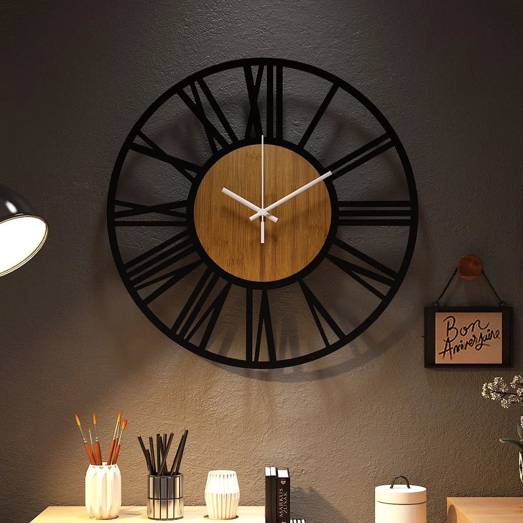 Décoration intérieure, horloge murale en métal, horloge d'art ronde rétro à la mode pour la salle à manger à la maison, horloge murale pour le salon.