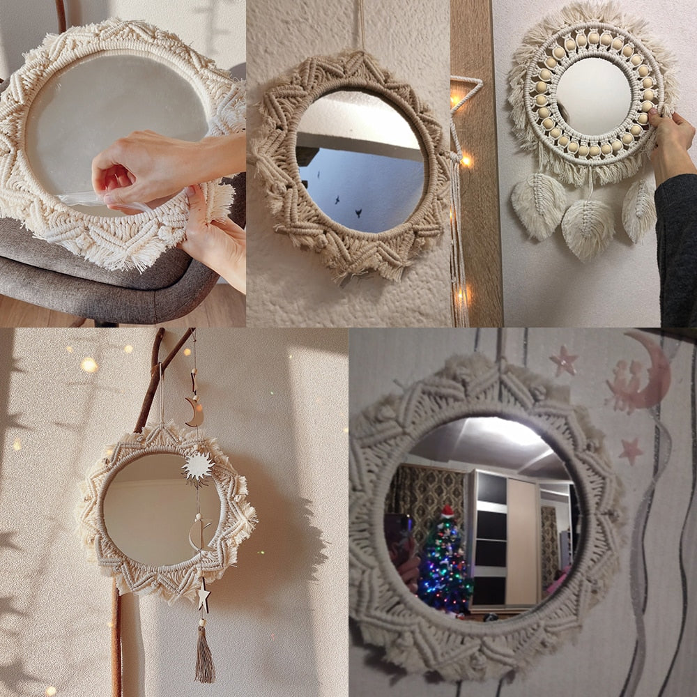 Miroir rond décoratif en macramé Boho, décor de chambre esthétique, miroir mural pour chambre à coucher, salon, décoration de maison Industris.fr
