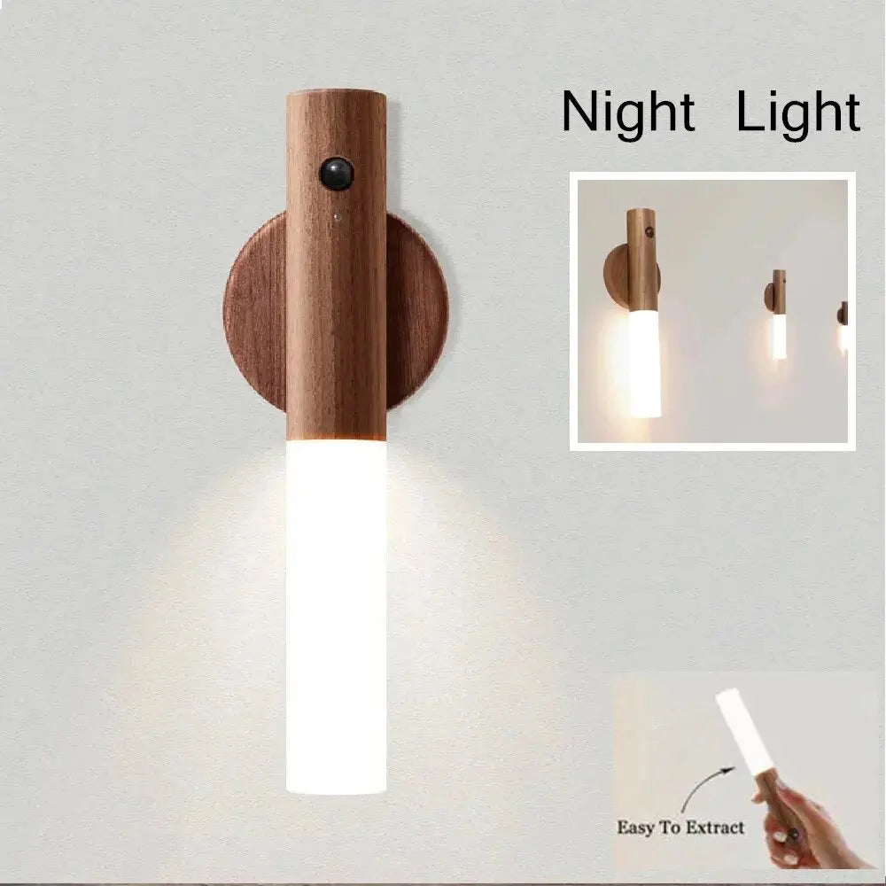 Lampe de nuit à capteur LED rechargeable imitation bois, design magnétique portable, adaptée pour placard, chambre à coucher, couloir.