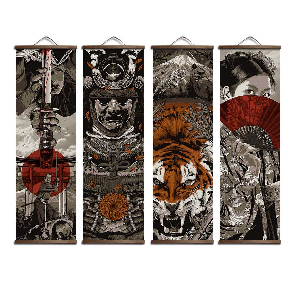 Japanese Samurai Ukiyoe Tiger Canvas Poster Pictures for Living Room Home Decor Painting Wall Art with Solid Wood Hanging Scroll Industris.fr